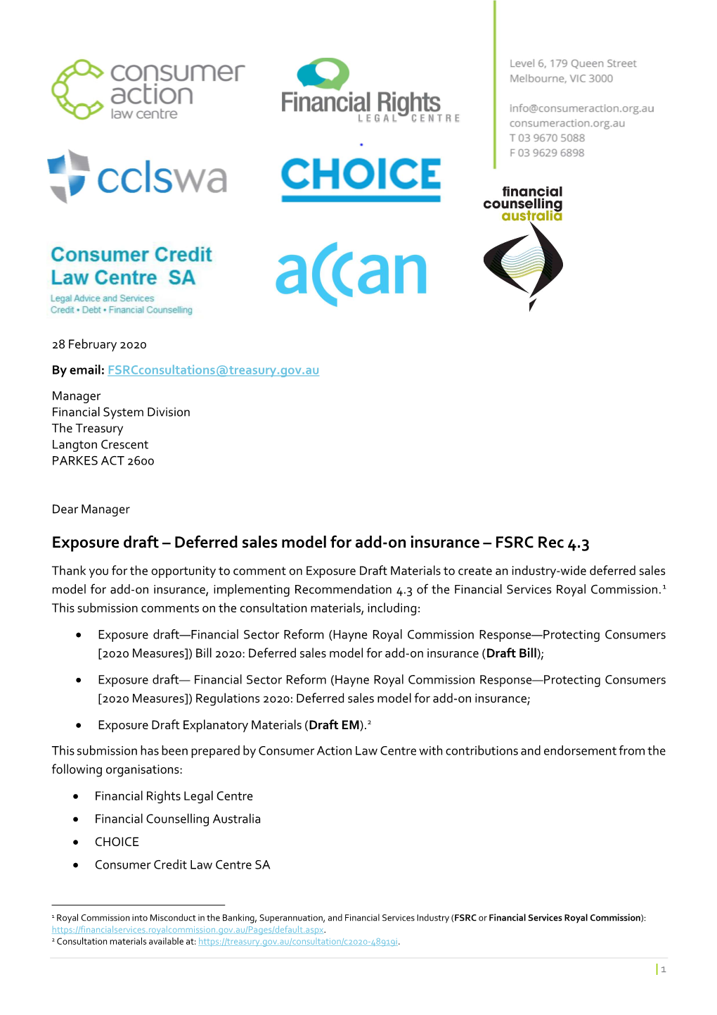 Exposure Draft – Deferred Sales Model for Add-On Insurance – FSRC Rec