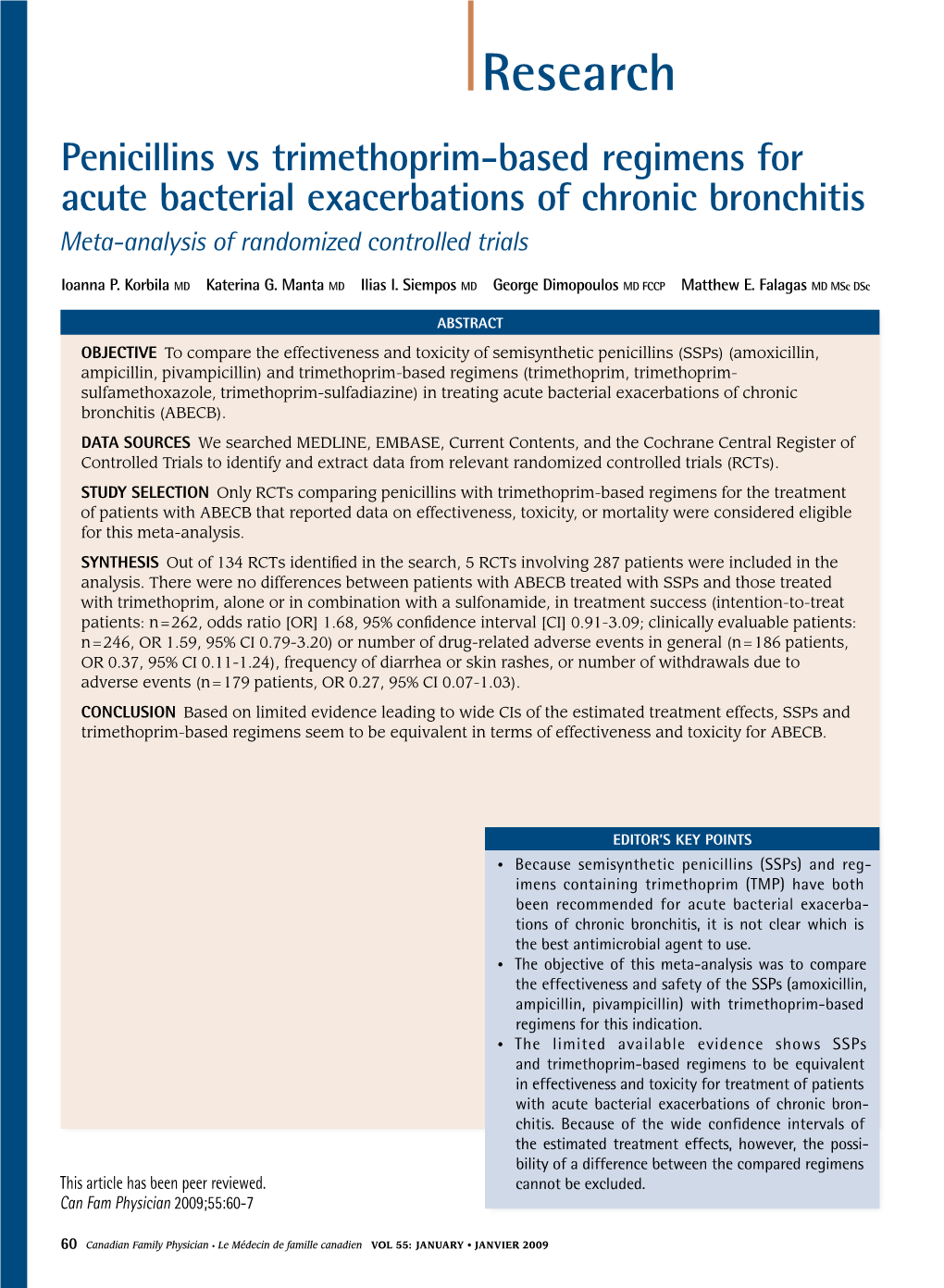 Research Penicillins Vs Trimethoprim-Based Regimens for Acute Bacterial Exacerbations of Chronic Bronchitis Meta-Analysis of Randomized Controlled Trials