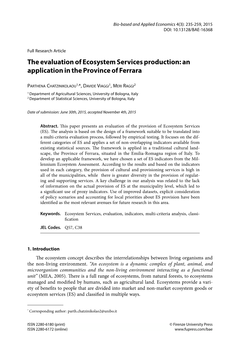 The Evaluation of Ecosystem Services Production: an Application in the Province of Ferrara