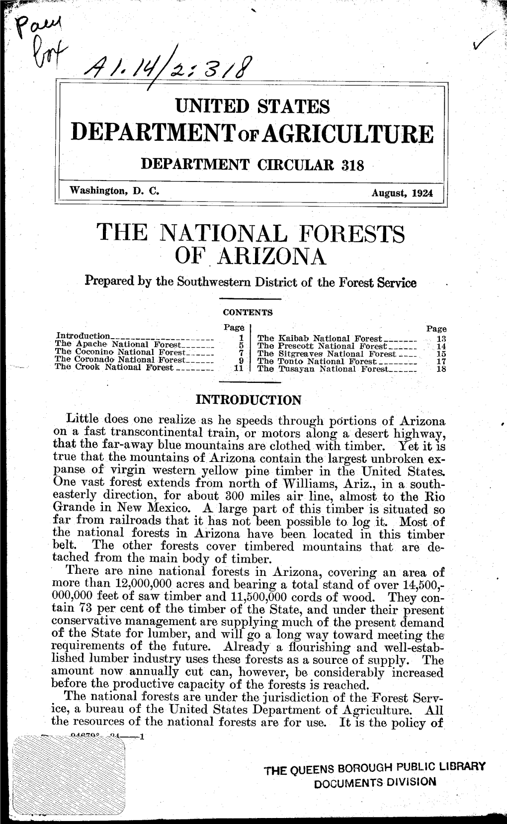 THE NATIONAL FORESTS of ARIZONA Prepared by the Southwestern District of the Forest Service