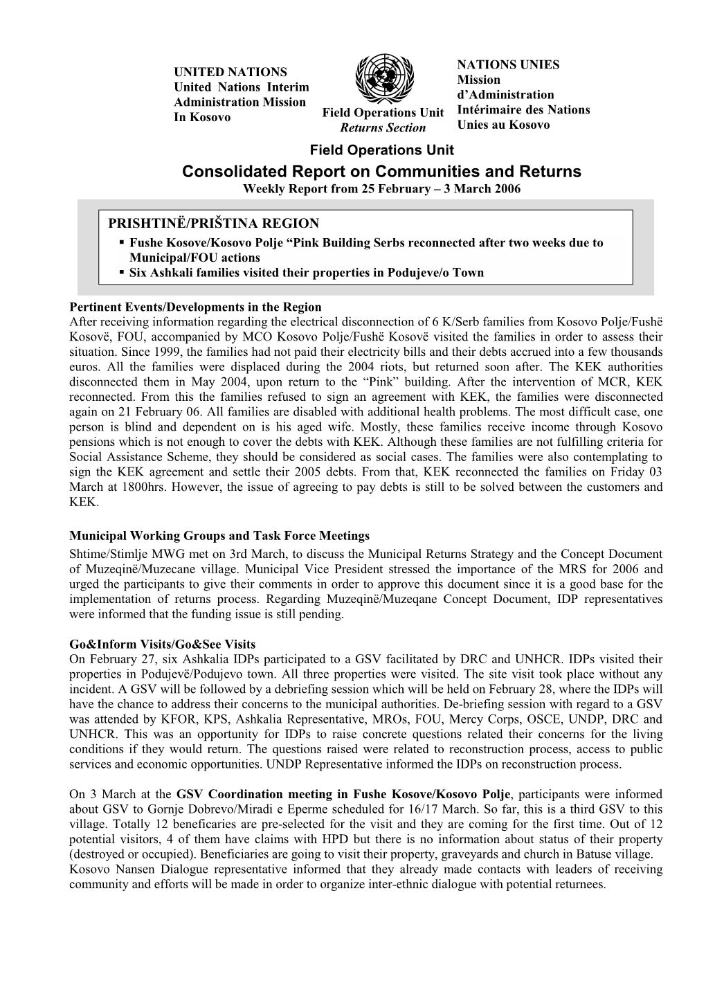 Consolidated Report on Communities and Returns Weekly Report from 25 February – 3 March 2006