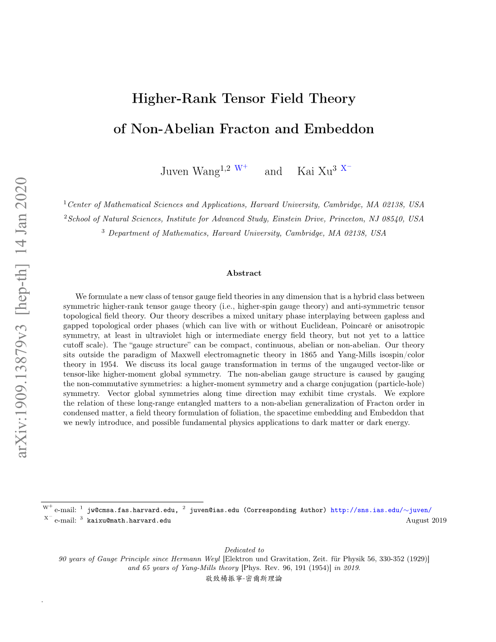 Higher-Rank Tensor Field Theory of Non-Abelian Fracton and Embeddon