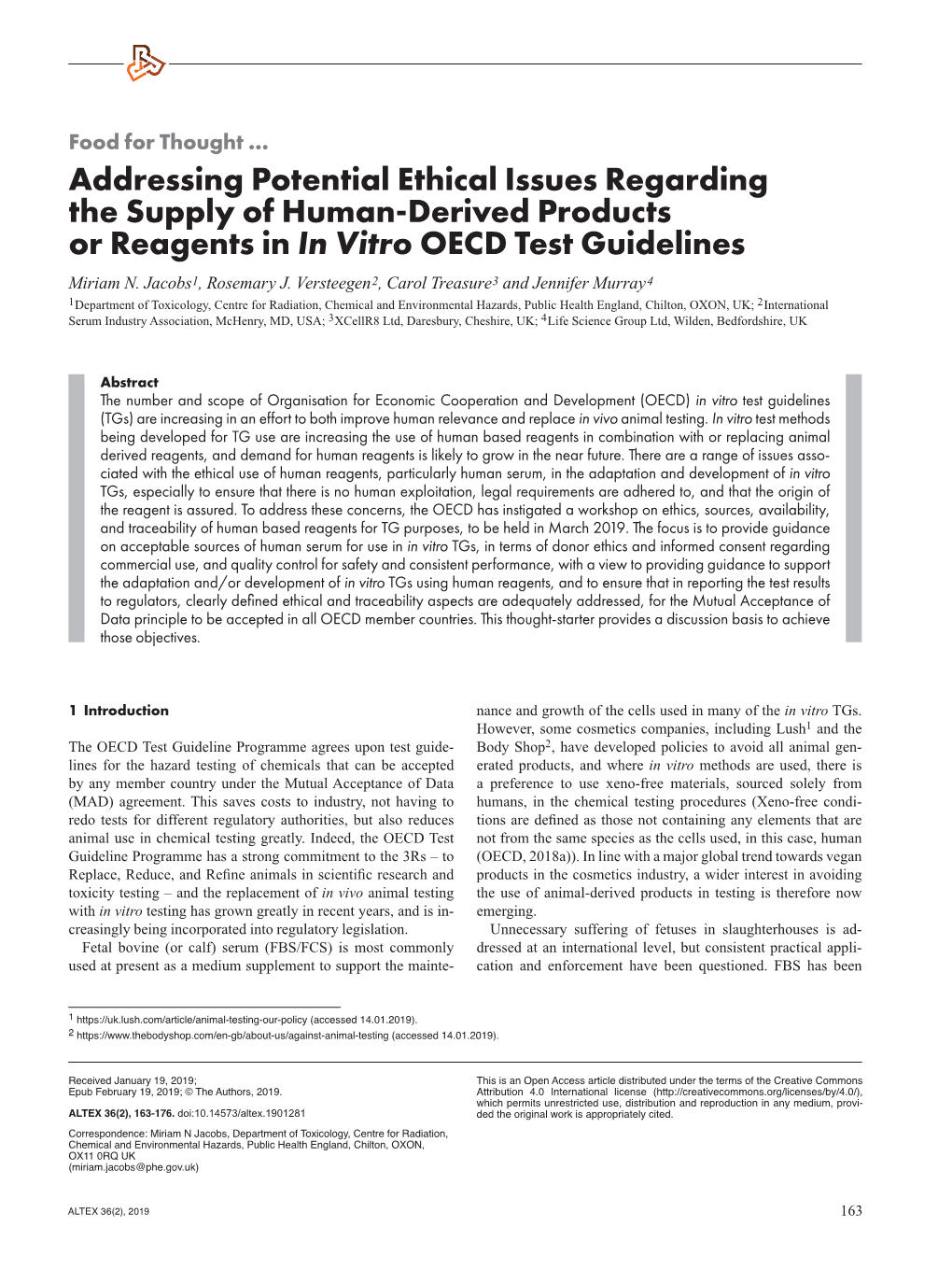 Addressing Potential Ethical Issues Regarding the Supply of Human-Derived Products Or Reagents in in Vitro OECD Test Guidelines Miriam N