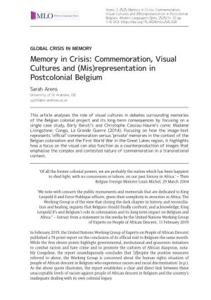 Memory in Crisis: Commemoration, Visual Cultures and (Mis)Representation in Postcolonial Belgium