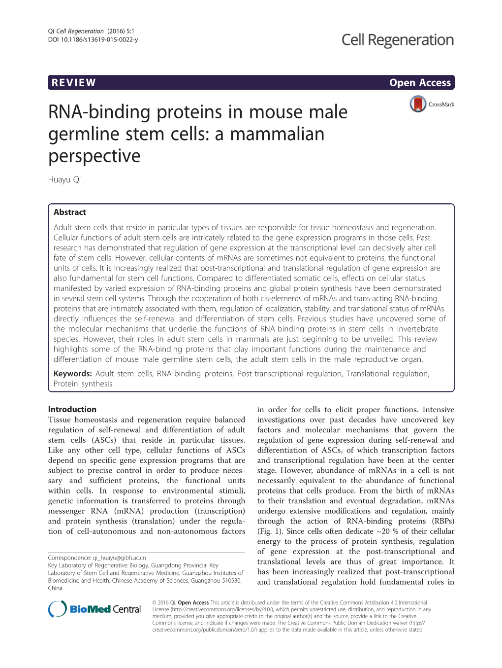 RNA-Binding Proteins in Mouse Male Germline Stem Cells: a Mammalian Perspective Huayu Qi
