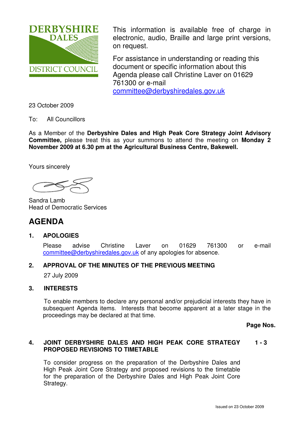 Derbyshire Dales and High Peak Joint Core Strategy Advisory Committee 2 November 2009