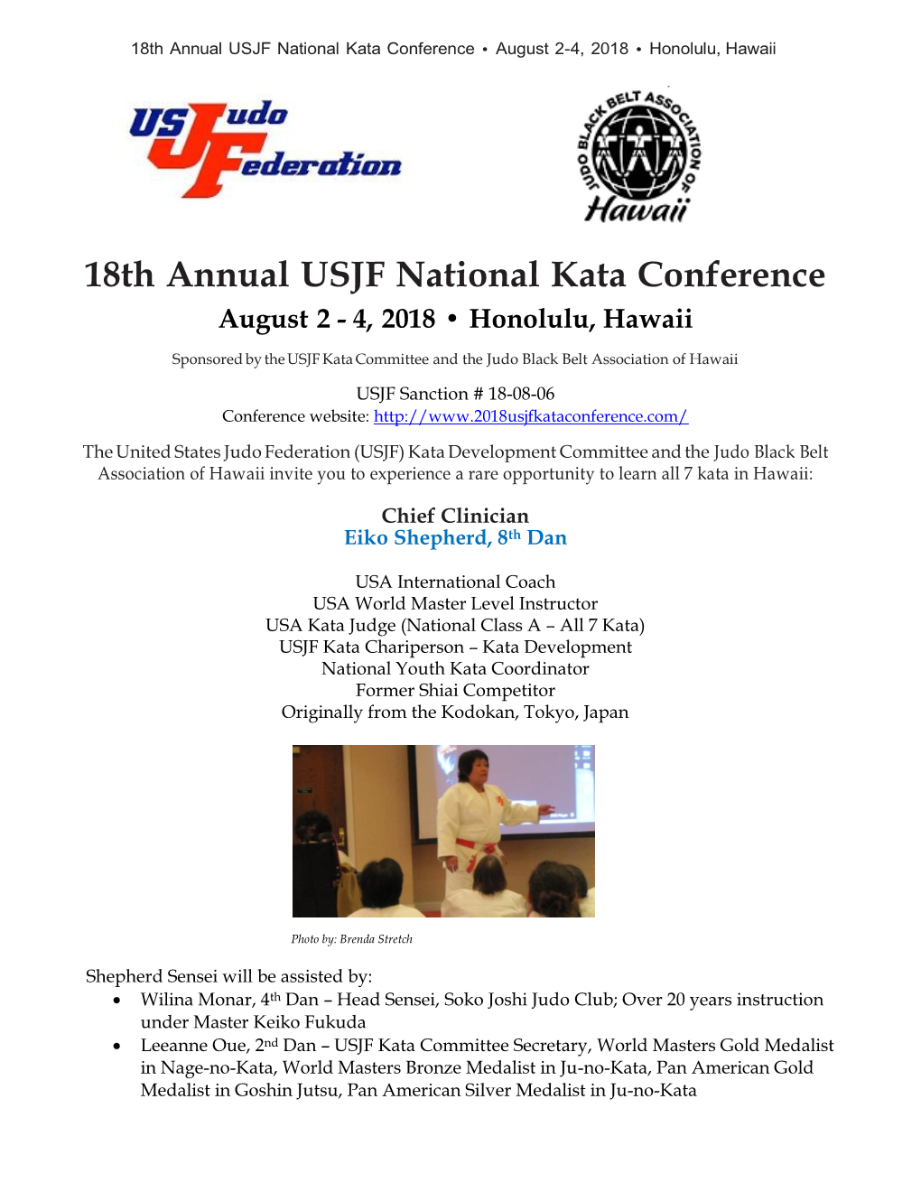 18Th Annual USJF National Kata Conference • August 2-4, 2018 • Honolulu, Hawaii