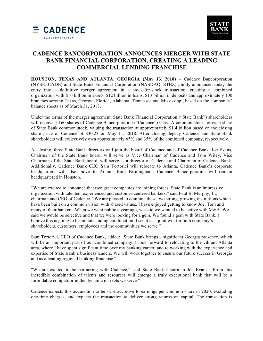 Cadence Bancorporation Announces Merger with State Bank Financial Corporation, Creating a Leading Commercial Lending Franchise