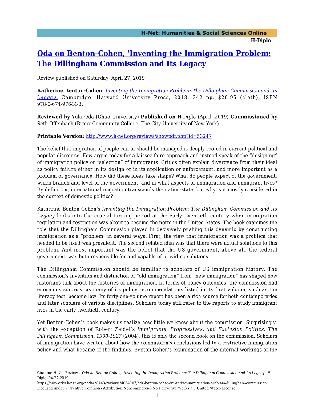 Oda on Benton-Cohen, 'Inventing the Immigration Problem: the Dillingham Commission and Its Legacy'