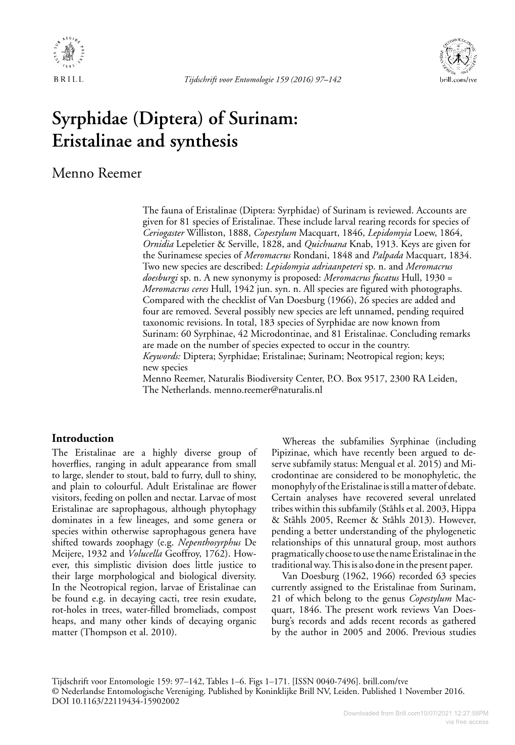 Syrphidae (Diptera) of Surinam: Eristalinae and Synthesis Menno Reemer