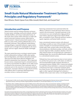 Small-Scale Natural Wastewater Treatment Systems: Principles and Regulatory Framework1 Kiara Winans, Shanin Speas-Frost, Mike Jerauld, Mark Clark, and Gurpal Toor2