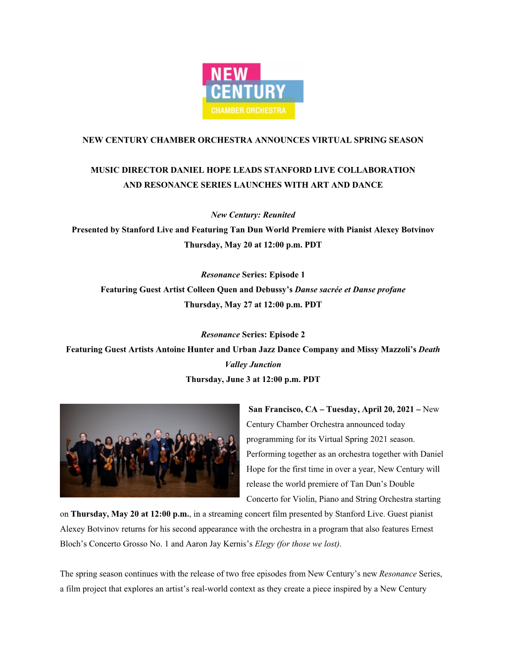 New Century Chamber Orchestra Announces Virtual Spring Season