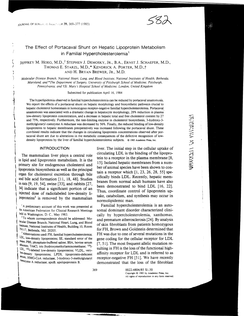 The Effect of Portacaval Shunt on Hepatic Lipoprotein Metabolism in Familial Hypercholesterolemia 1