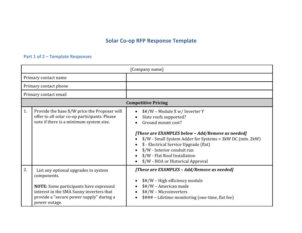 Solar Co-Op RFP Response Template