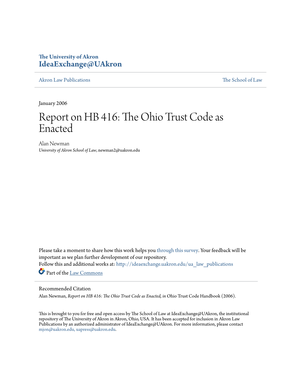 Report on HB 416: the Ohio Trust Code As Enacted, in Ohio Trust Code Handbook (2006)