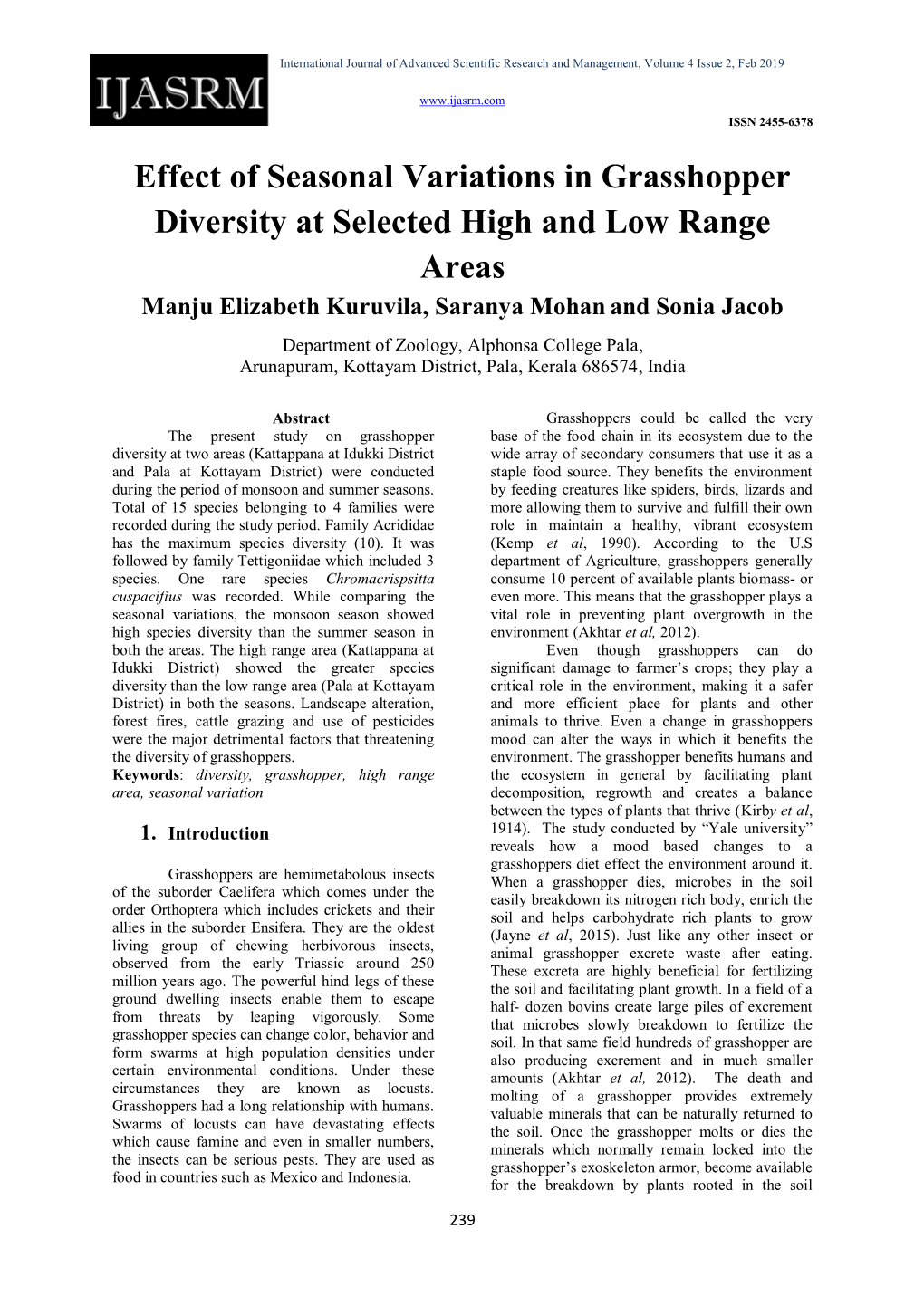 Effect of Seasonal Variations in Grasshopper Diversity at Selected