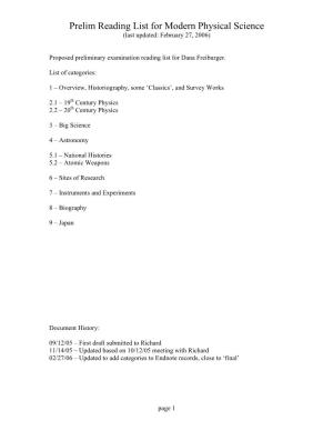 Prelim Reading List for Modern Physical Science (Last Updated: February 27, 2006)