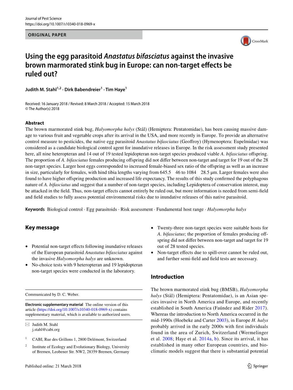 Using the Egg Parasitoid Anastatus Bifasciatus Against the Invasive Brown Marmorated Stink Bug in Europe: Can Non‑Target Efects Be Ruled Out?