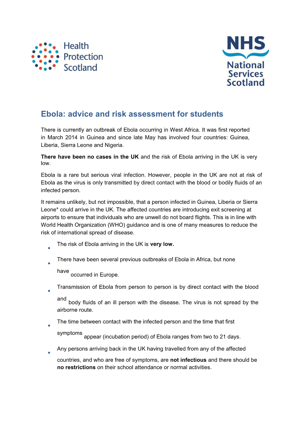 Ebola Advice and Risk Assessment for Students