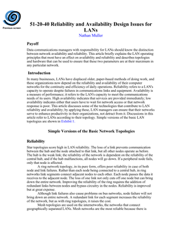 Reliability and Availability Design Issues for Lans