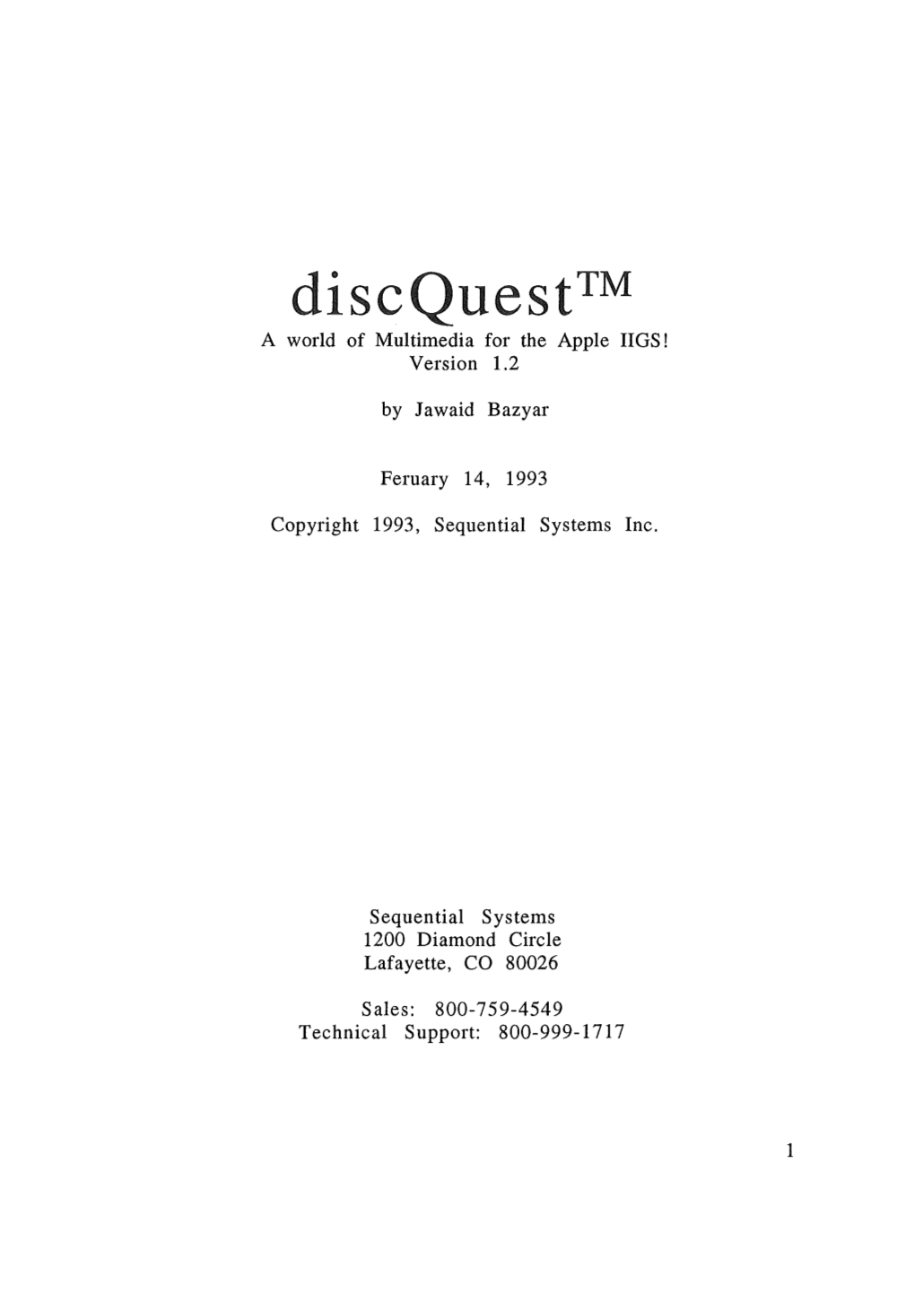 Discquesttm a World of Multimedia for the Apple IIGS! Version 1.2