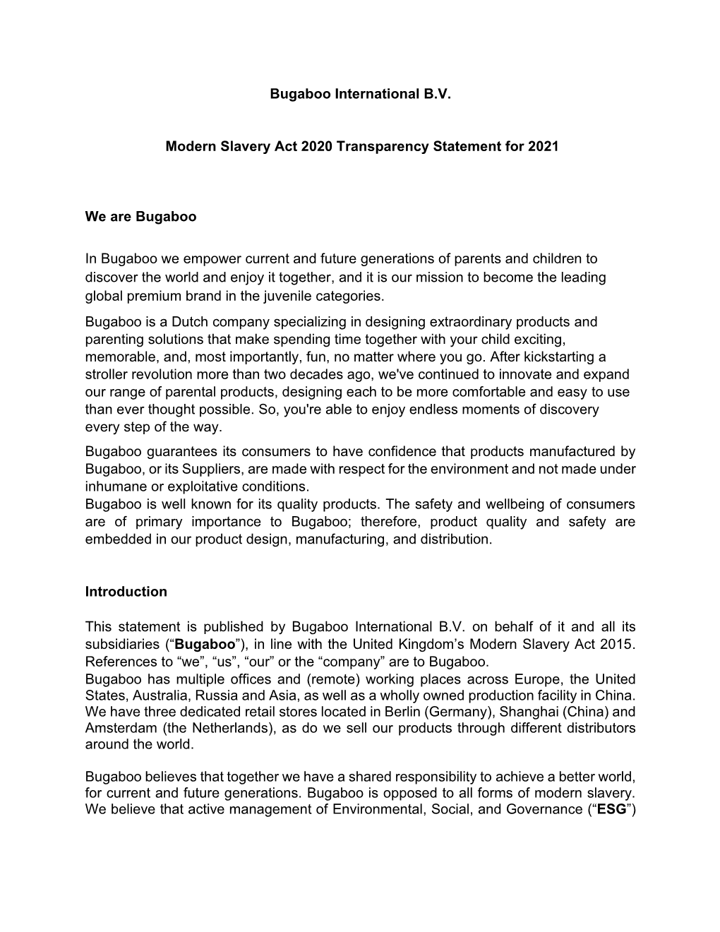 Bugaboo International B.V. Modern Slavery Act 2020 Transparency