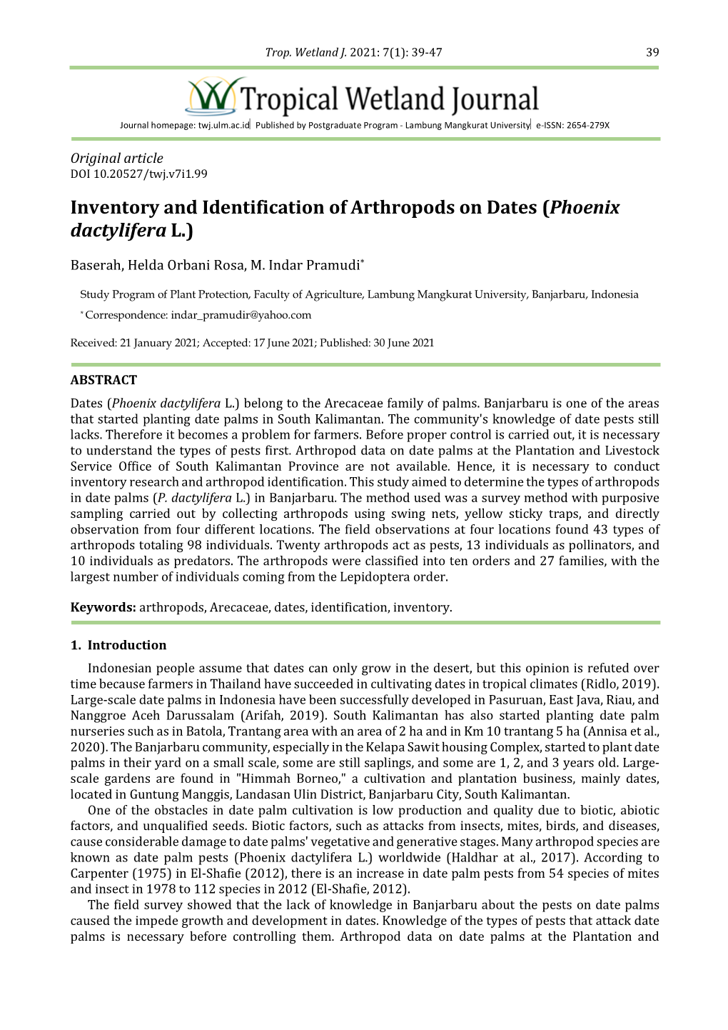 Inventory and Identification of Arthropods on Dates (Phoenix Dactylifera L.)