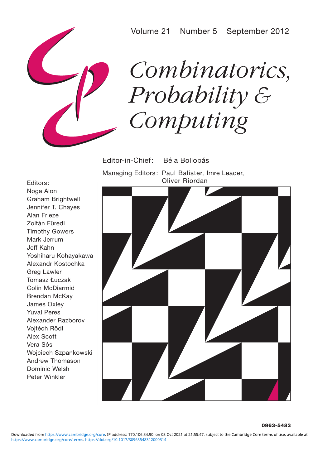 Volume 21 Number 5 September 2012 Combinatorics, Probability & Computing Volume 21 Number 5 September 2012