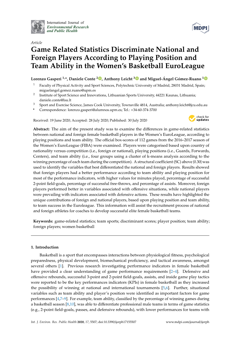 Game Related Statistics Discriminate National and Foreign Players According to Playing Position and Team Ability in the Women’S Basketball Euroleague