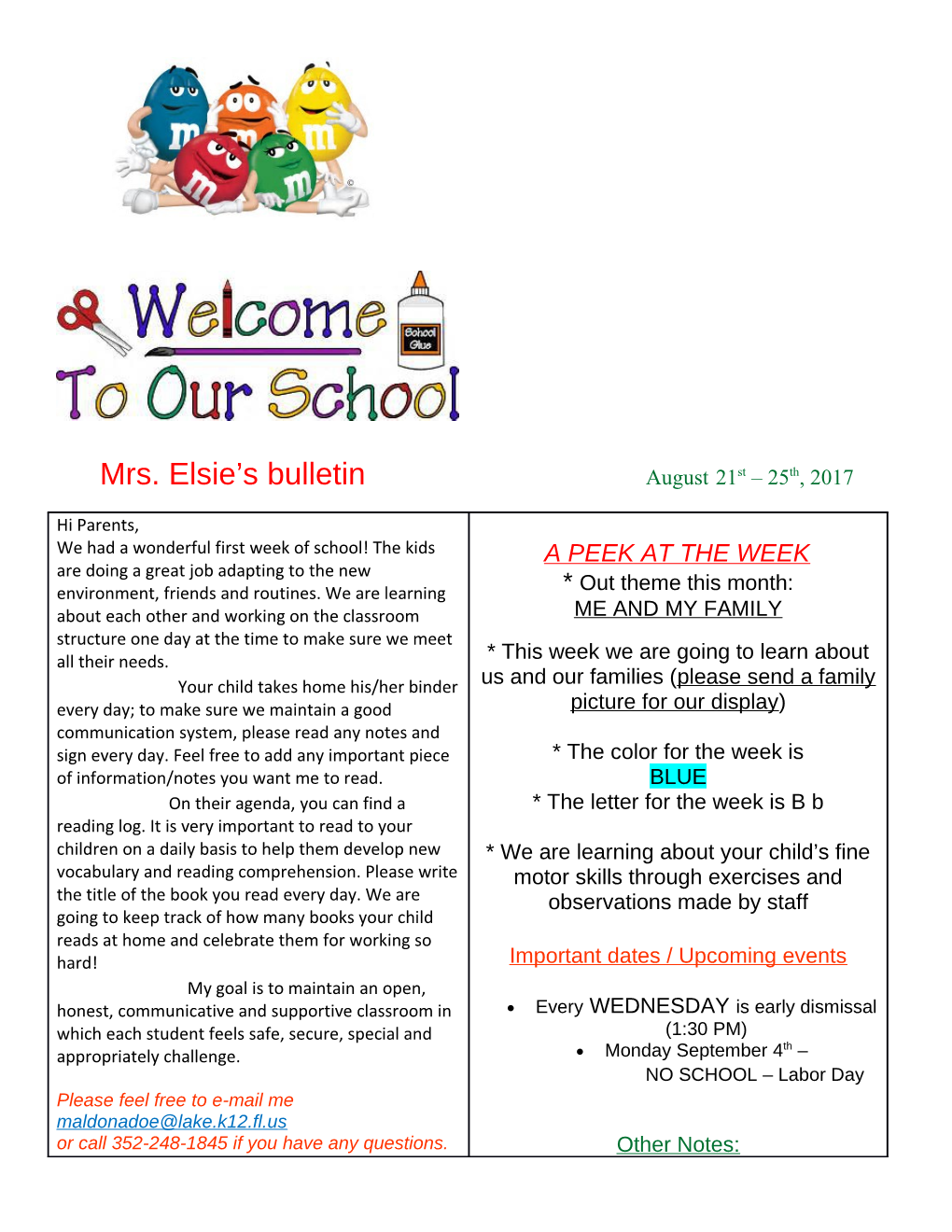 Mrs. Elsie S Bulletin August 21St 25Th, 2017