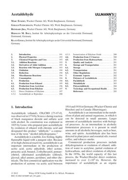 "Acetaldehyde," In: Ullmann's Encyclopedia of Industrial Chemistry