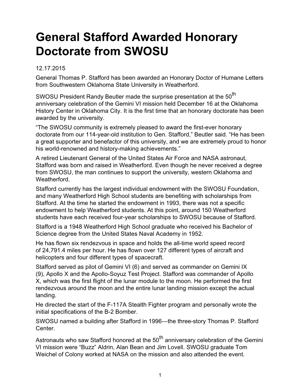 12-17-2015 General Stafford Awarded Honorary Doctorate from SWOSU