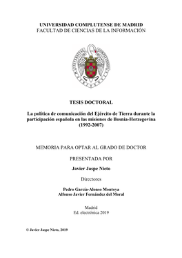 La Política De Comunicación Del Ejército De Tierra Durante La Participación Española En Las Misiones De Bosnia-Herzegovina (1992-2007)