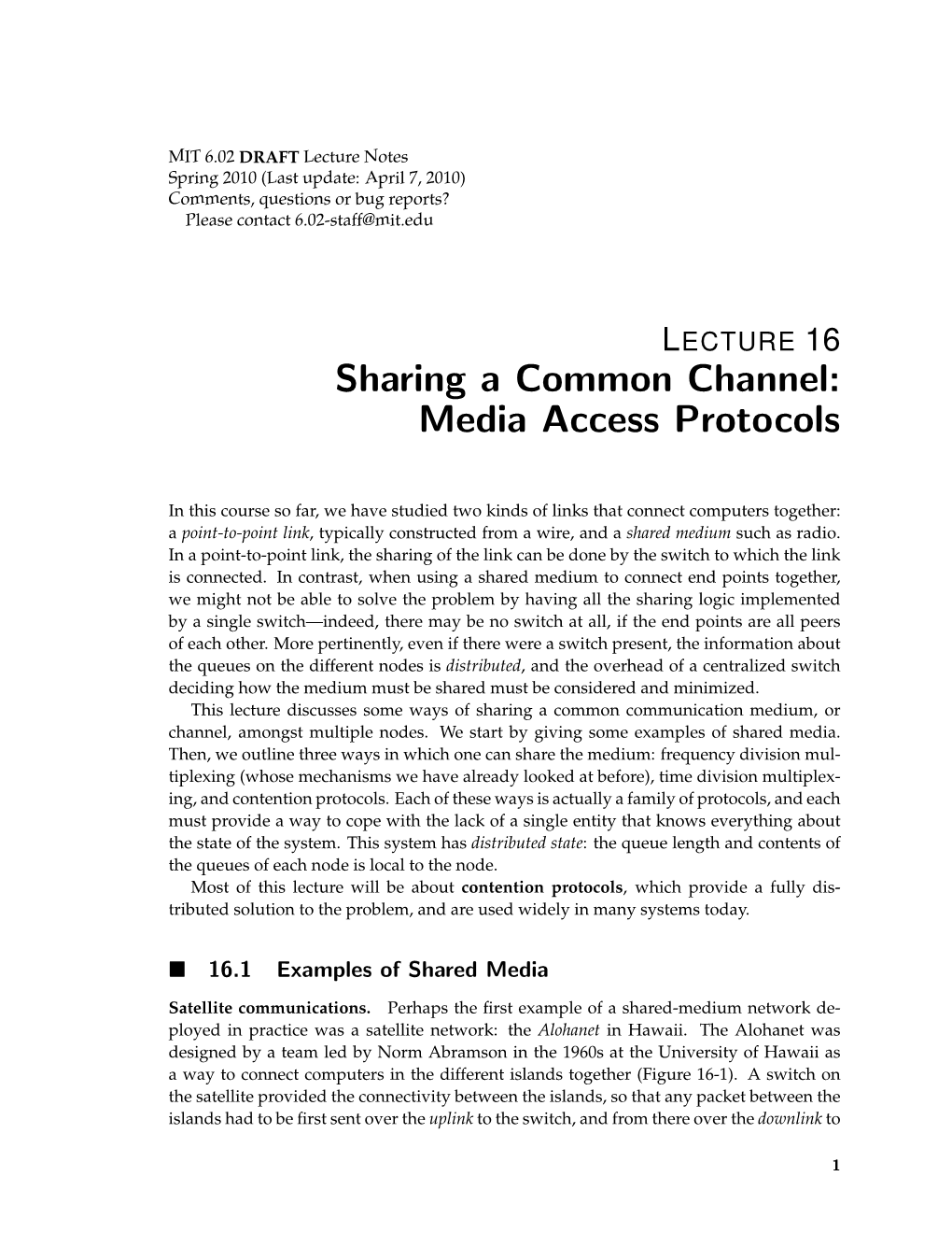 Sharing a Common Channel: Media Access Protocols