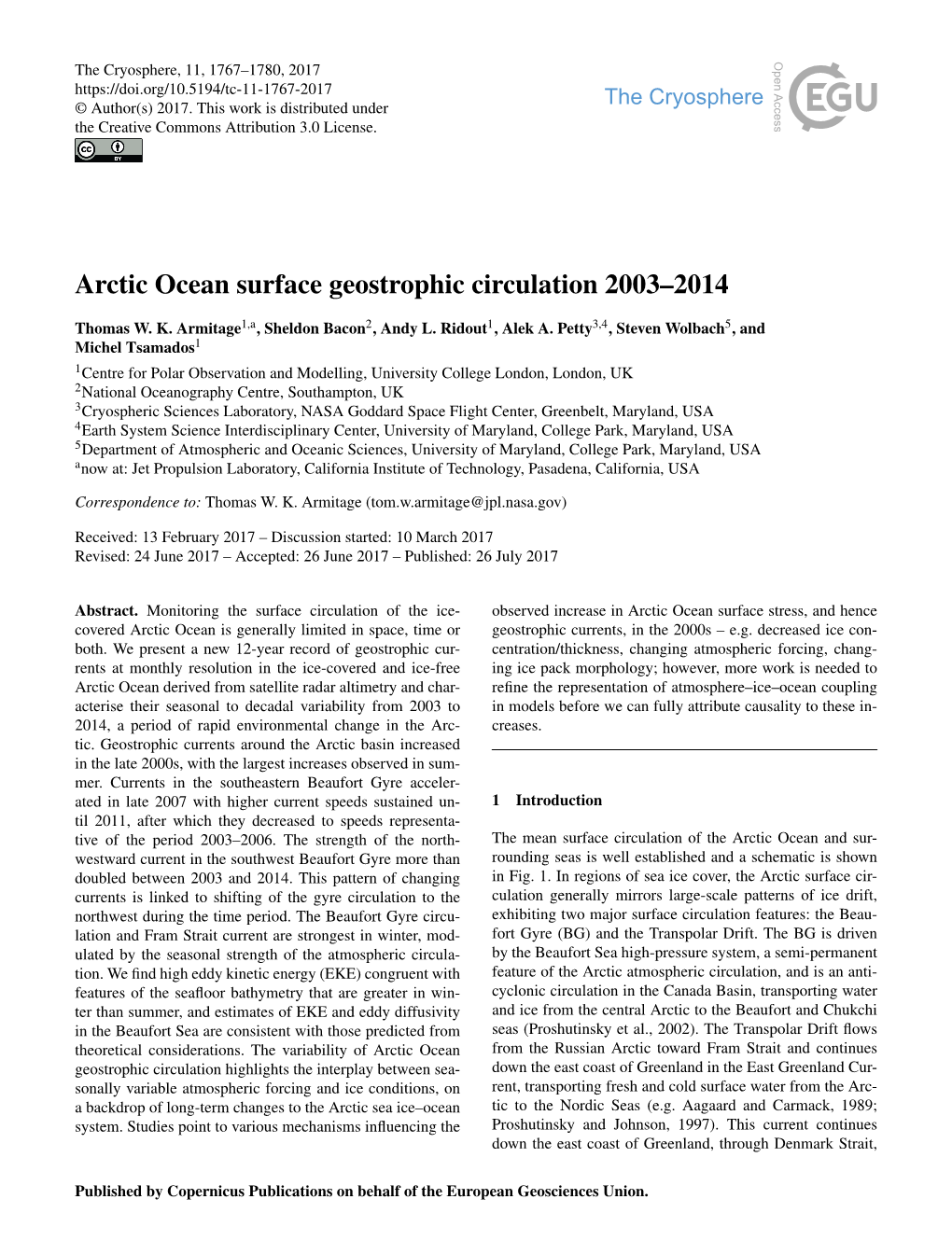 Arctic Ocean Surface Geostrophic Circulation 2003–2014