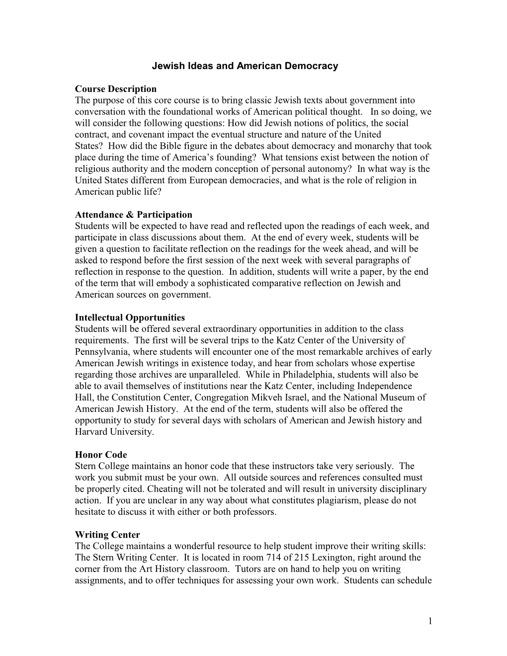 1 Jewish Ideas and American Democracy Course Description The