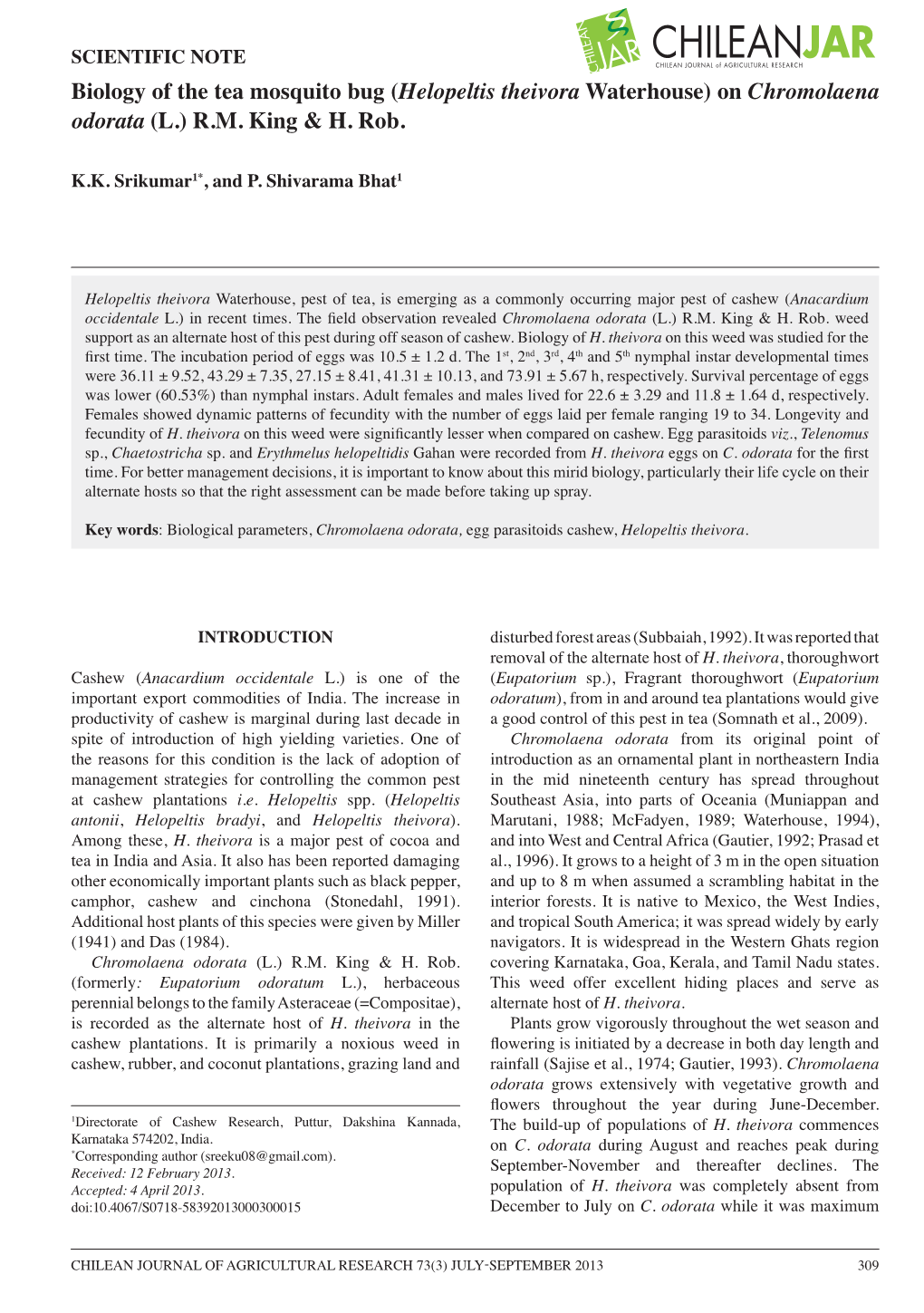 Biology of the Tea Mosquito Bug (Helopeltis Theivora Waterhouse) on Chromolaena Odorata (L.) R.M