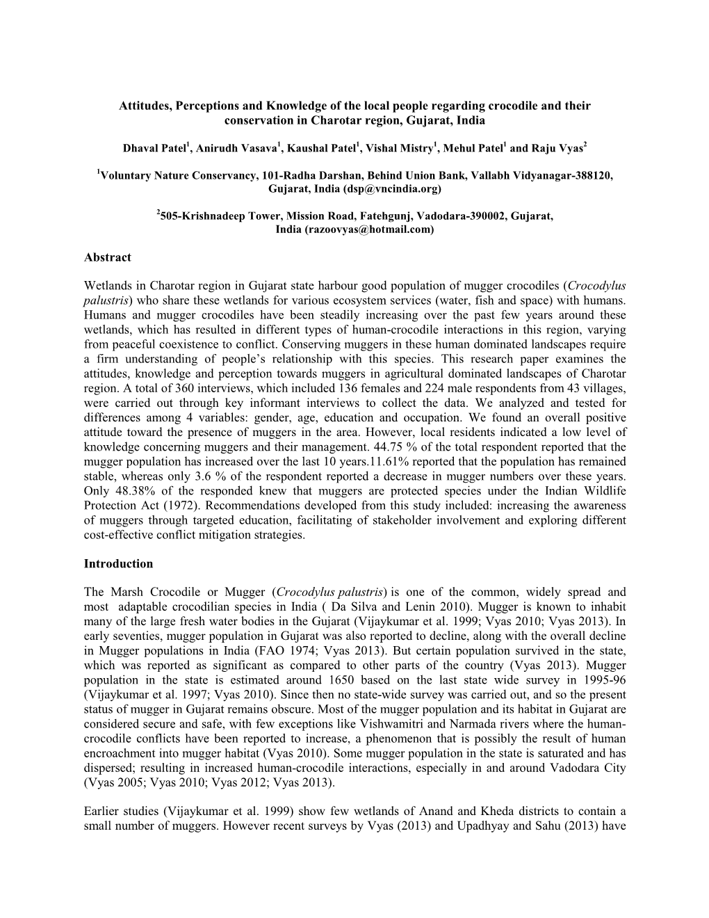 Attitudes, Perceptions and Knowledge of the Local People Regarding Crocodile and Their Conservation in Charotar Region, Gujarat, India