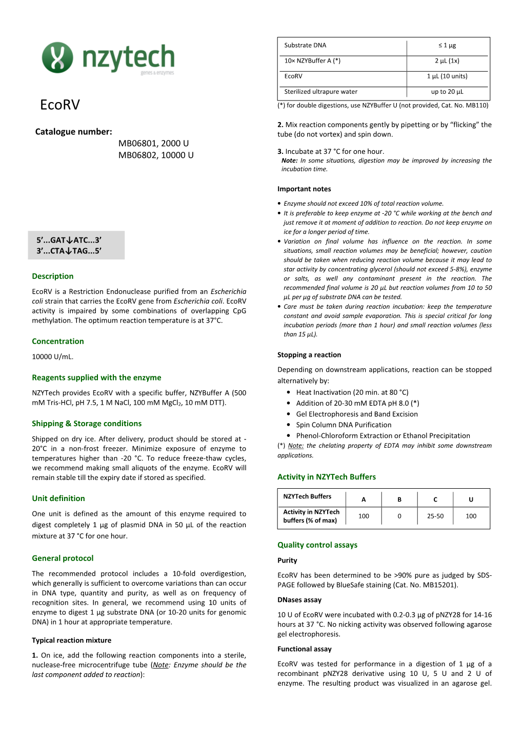 Ecorv 1 Μl (10 Units) Sterilized Ultrapure Water up to 20 Μl