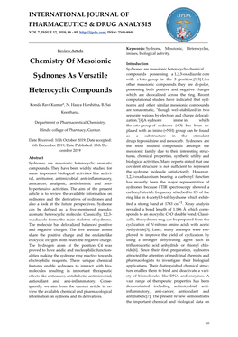Chemistry of Mesoionic Sydnones As Versatile Heterocyclic Compounds