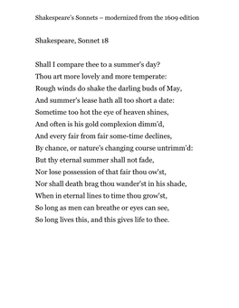 Shakespeare, Sonnet 18 Shall I Compare Thee to a Summer's Day?