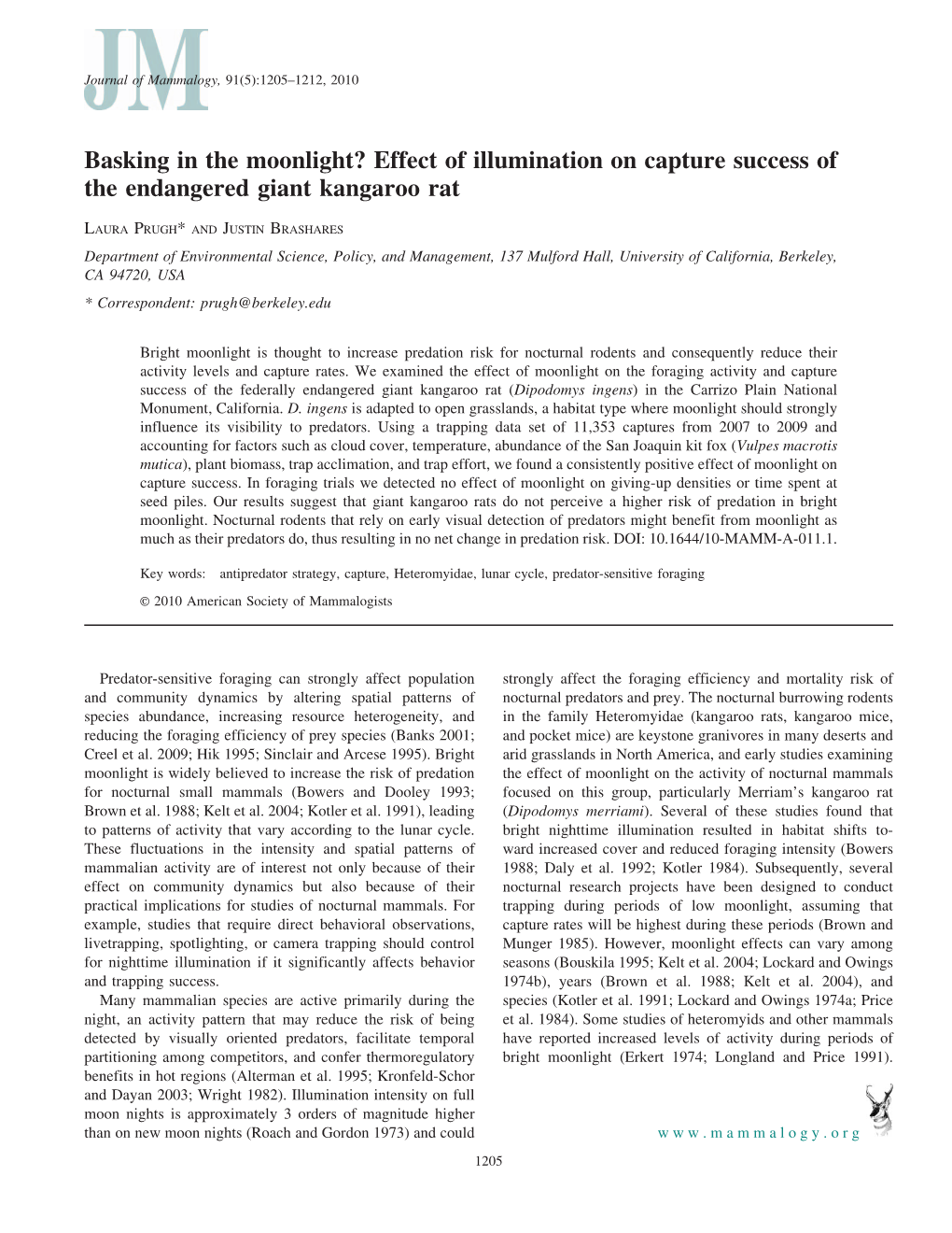 Basking in the Moonlight? Effect of Illumination on Capture Success of the Endangered Giant Kangaroo Rat