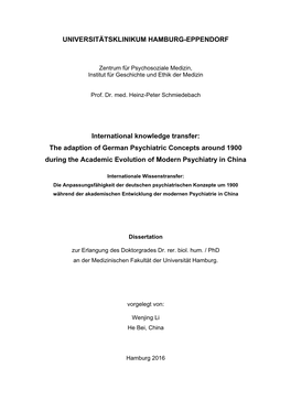 The Adaption of German Psychiatric Concepts Around 1900 During the Academic Evolution of Modern Psychiatry in China