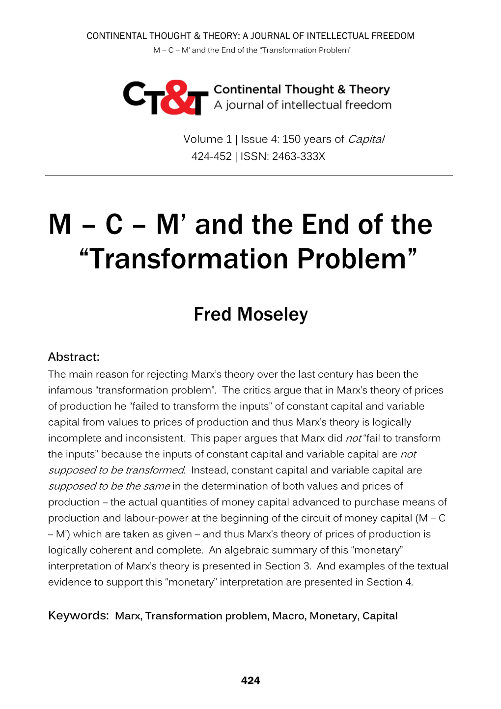 M – C – M' and the End of the “Transformation Problem”
