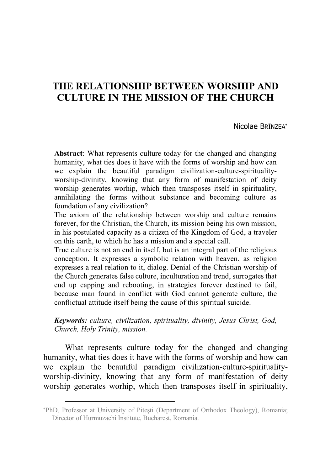 The Relationship Between Worship and Culture in the Mission of the Church