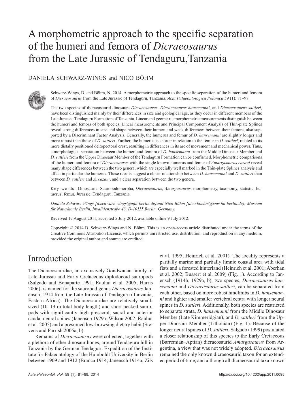 A Morphometric Approach to the Specific Separation of the Humeri and Femora of Dicraeosaurus from the Late Jurassic of Tendaguru,Tanzania