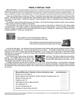 PARIS: a VIRTUAL TOUR Note to the Teacher: the Primary Objective of the Lesson Is for Students to Be Able to Use the Métro to Find Their Way Around Paris