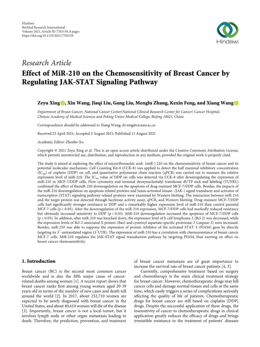 Research Article Effect of Mir-210 on the Chemosensitivity of Breast Cancer by Regulating JAK-STAT Signaling Pathway