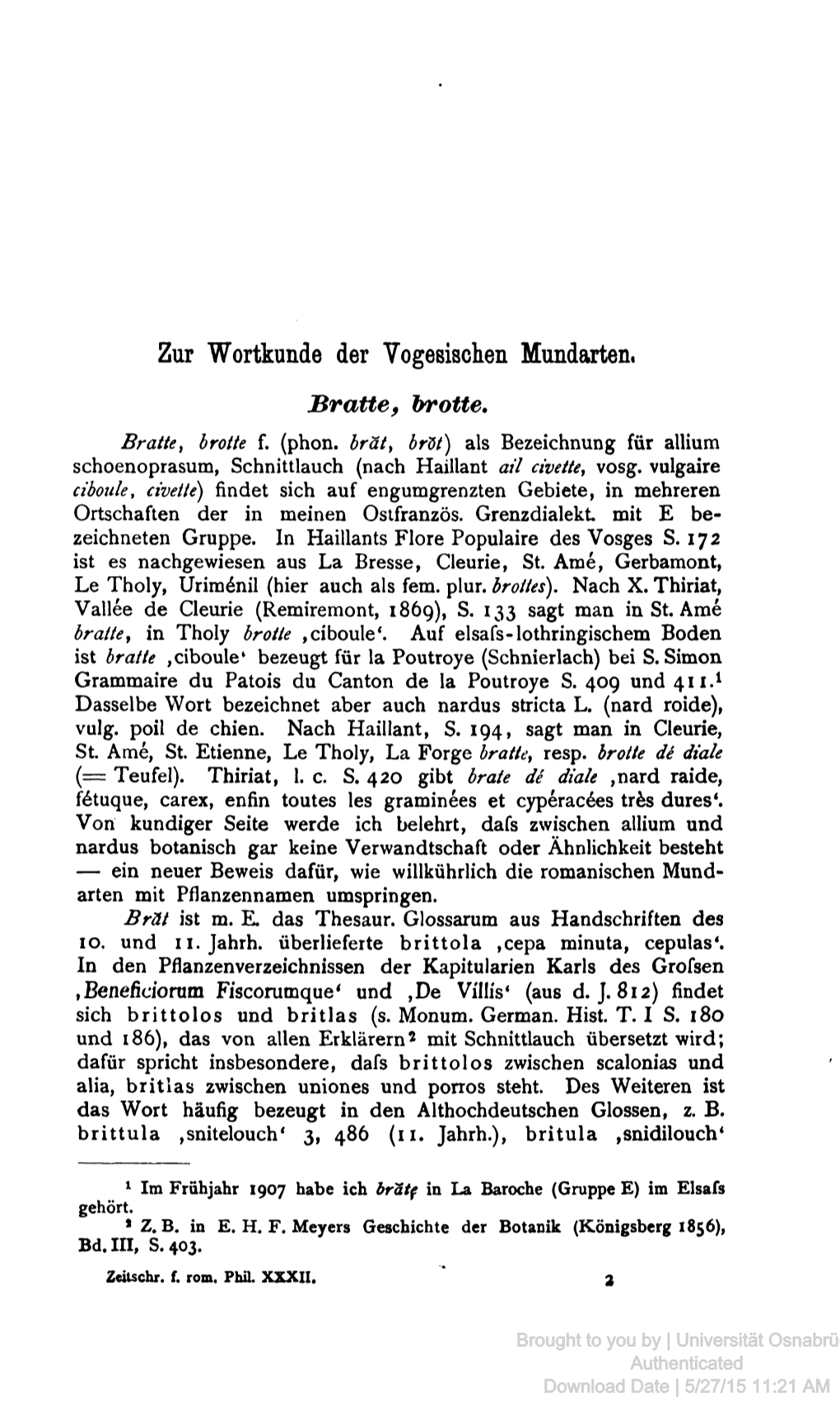 Zur Wortkunde Der Vogesischen Mundarten. Bratte, Brotte. Bratte, Brotte F