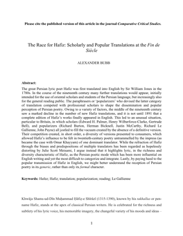 The Race for Hafiz: Scholarly and Popular Translations at the Fin De Siècle
